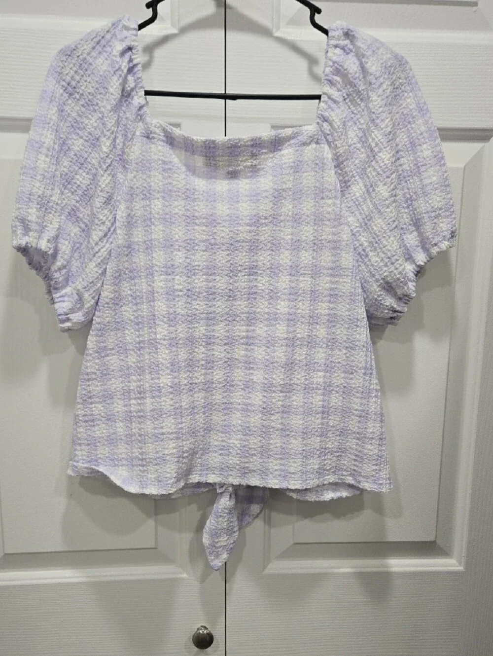 LOFT Lilac Check Puff Sleeve Tie Front Blouse - Med